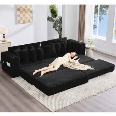 Canapé modulaire en velours côtelé de 111,91 po avec repose-pieds mobile, porte-gobelets, 8 coussins et poche latérale pour repose-pieds confortable modulaire en L