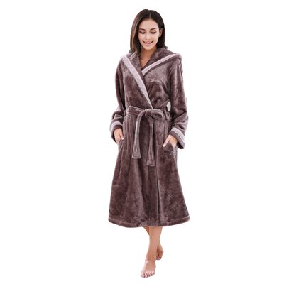 Alwyn Home Women's Long Hooded Robe Plush Soft Warm Fleece Elegant Lounger Collar Style Brown Bathrobe Housecoat Sleepwear For Ladies RHW2779 Coffee -  A3C45CD4B48C45EB833264EBC2FF4A03