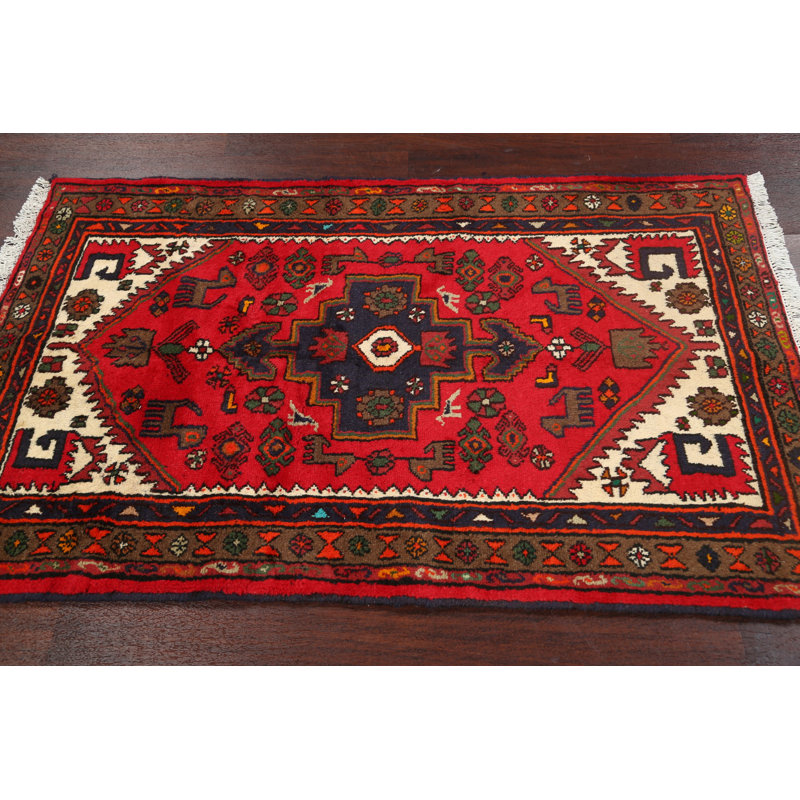 Tapis rouge en laine noué à la main de conception unique 3 pi 1 po x 4 pi 11 po Malak