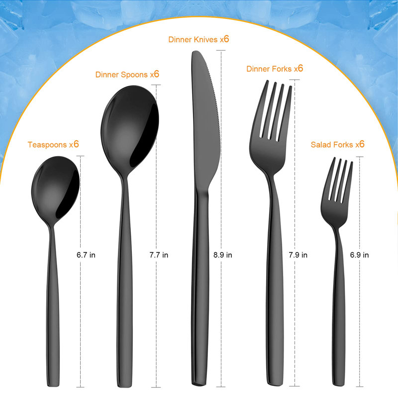 Ensemble de couverts 30 pièces en argent mat noir, ensemble de couverts en acier inoxydable pour 6 personnes, ensemble d'ustensiles de cuisine avec couteaux à steak, fourchette et cuillère