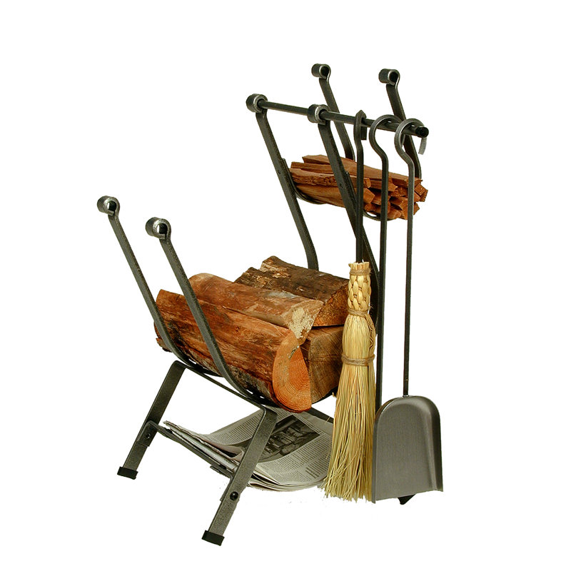 Handcrafted Front Loading Fireplace Log Rack with Base & 3 Tools