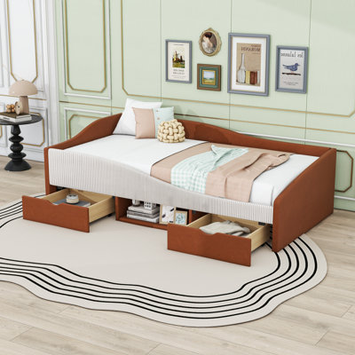 Upholstered Daybed Frame with 2 Storage Drawers and Padded Shelf