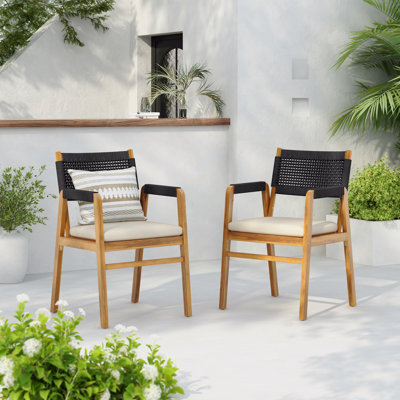 Ensemble de 2 chaises de patio pour l'extérieur, fauteuil en bois d'acacia avec coussin, corde noire