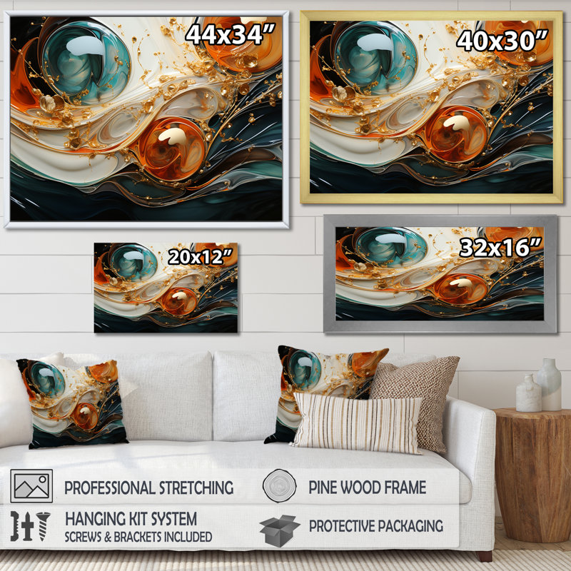 Orange et vagues ondulées oranges, Melody V - art mural abstrait, Cadre flottant noir, H 12 po x l 20 po x P 1 po