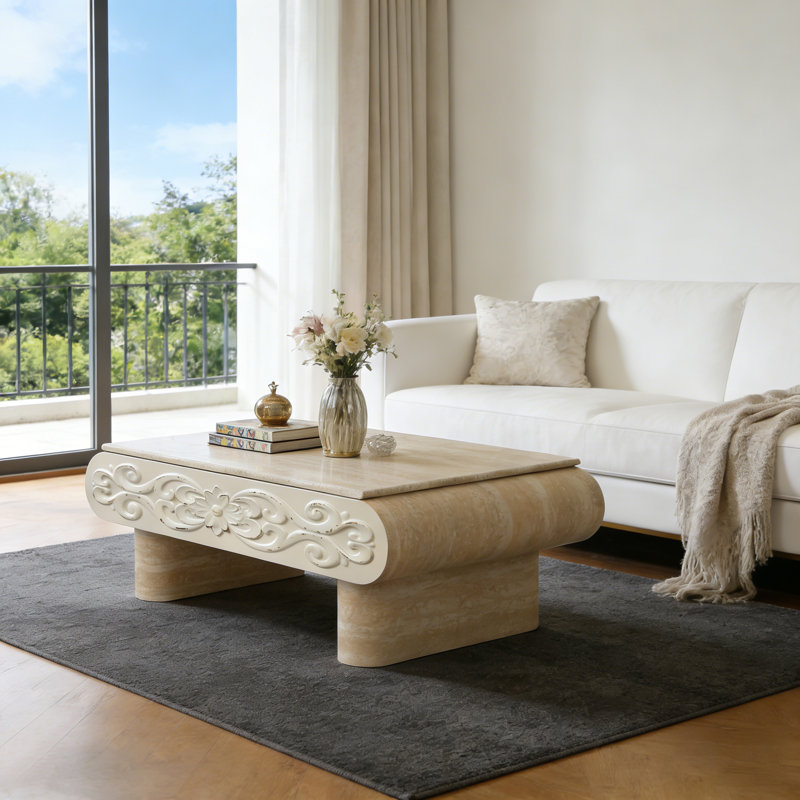 Table basse à plateau relevable, bureau moderne en bois avec rangement caché, Beige