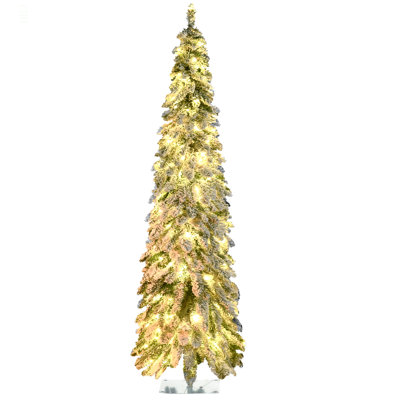 6Ft Tall Prelit Pencil Artificial Christmas Tree Holiday Décor With 407 Snow Flocked Branches, 250 Warm  Or Colorful LED Lights, Downswept Shape