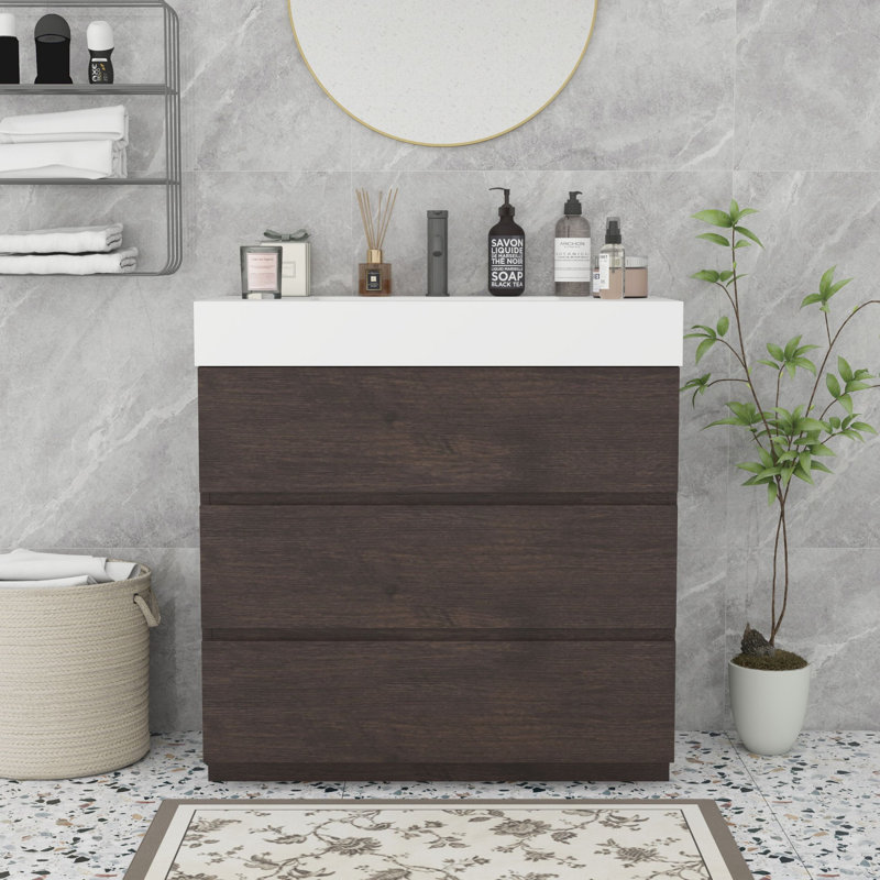 Meuble-lavabo moderne autoportant, Noyer, Blanc