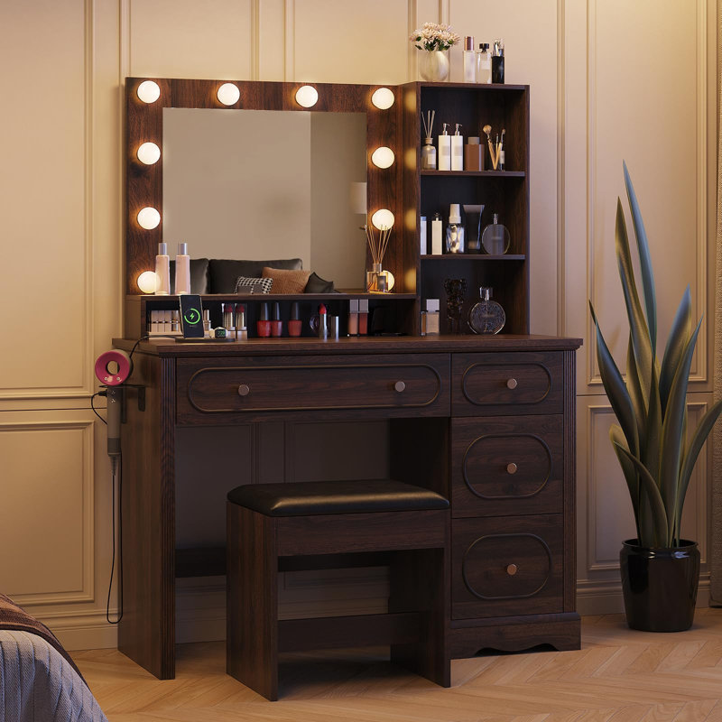 42" W Walnut Makeup Vanity Desk With Mirror And Lights And Charging Station