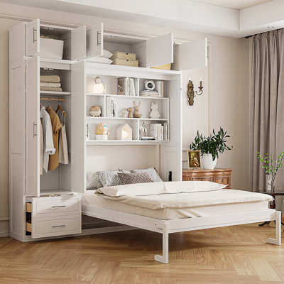Queen Size Wall Murphy Bed With Top Cabinet, Shelves, And Wardrobe, Space-Saving Foldable Design For Small Apartments