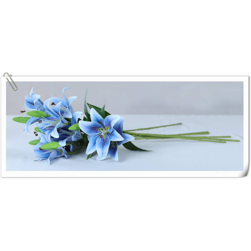 Paquet de 6 bouquets de fleurs de lys artificiels en latex artificiel pleine fleur avec 3 têtes de mariage, Bleu