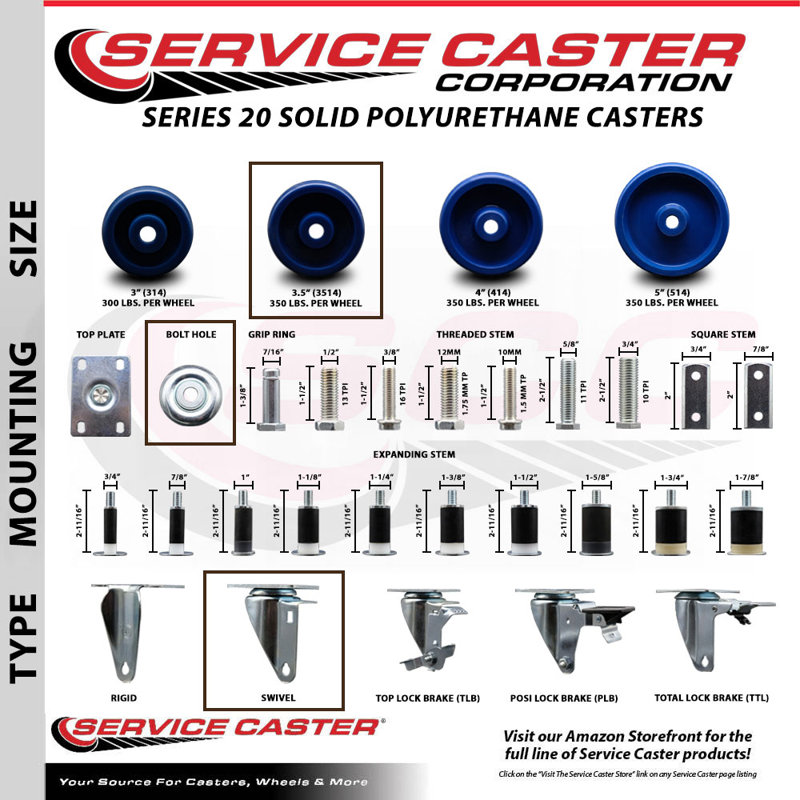 SS Solid Polyurethane Wheel Swivel Bolt Hole Caster Set Service Caster