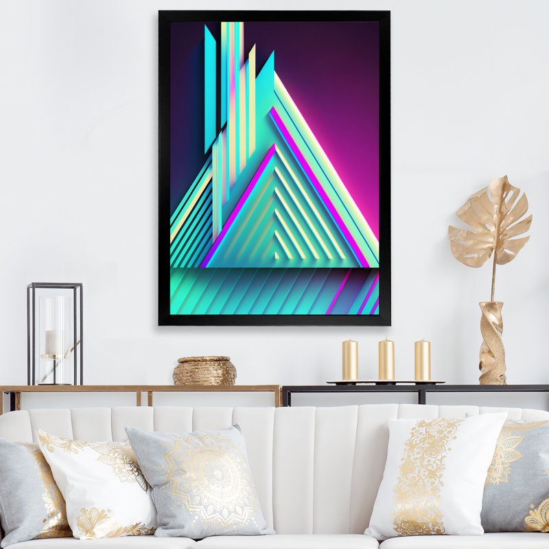 Neon dieu abstrait rétro géométrique - art mural moderne géométrique salon, H 44 po x l 34 po x P 1,5 po, Cadre simple noir