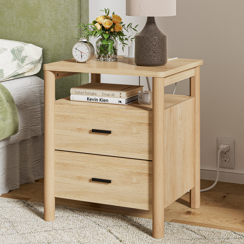 20" Large Nightstand with Charging Station,  Solid Round Post Legs, 2 Drawers End Table with Open Shelf, Individual, Oak