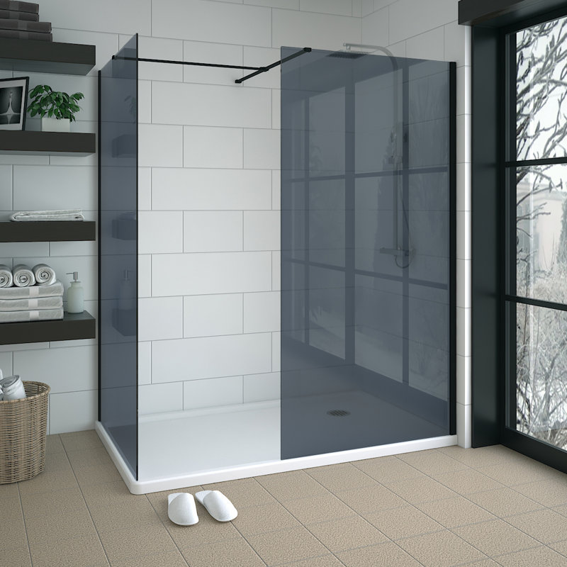 Matte Black Walk In Shower Enclosure Wet Room Grey Glass Screen Pack 700mm and 700mm Panels