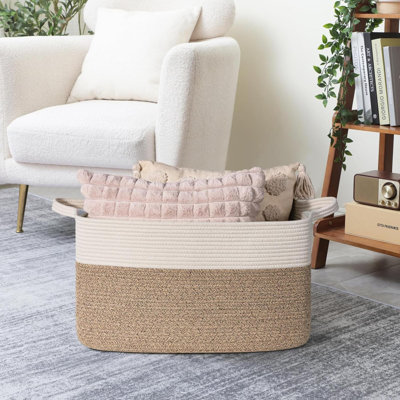 Woven Blanket Basket,Storage Baskets For Organizing, Rectangle Cotton Rope Toy Basket For Living Room, Bedroom