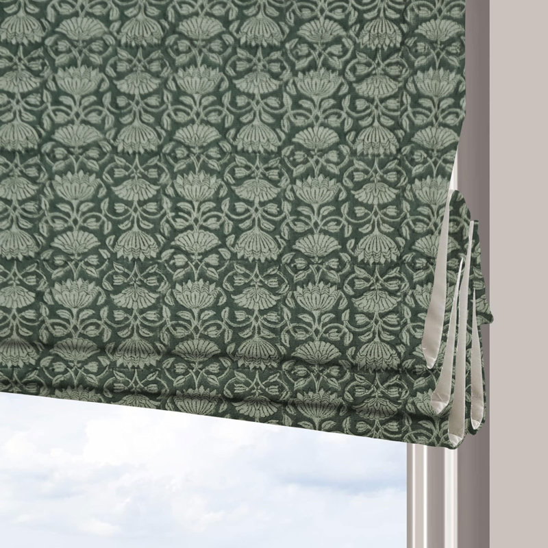 Fabdivine Modern Gray Corded Blinds Handmade 100% Blackout Cotton Roman Shade with Floral Block Print for French Doors, Windows and Rooms, Hall Window Treatment, Ulta Kamal