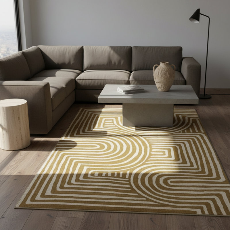 Woven Carpet With Wavy Patterns In Off Yellow Shades, Rectangle 3'4" x 5'