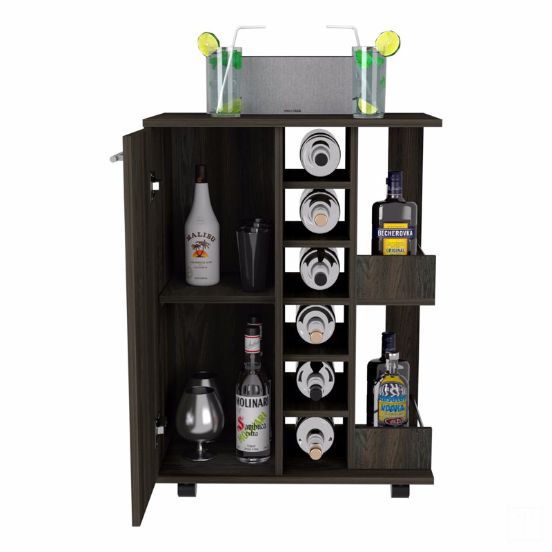 Bar Cart, Two External Shelves, Four Casters, Six Built-In Wine Rack, Single Door Cabinet, Brown