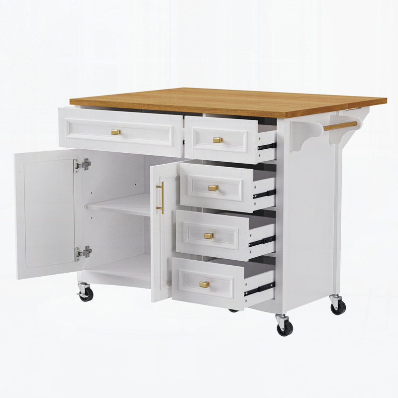 52'' Kitchen Island With Drop Leaf, Embossed Texture Kitchen Island On Wheels With Spice Rack, Towel Rack, 2 Doors And 5 Drawers