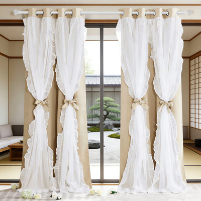 Rideaux occultants à double couche avec volants transparents - Élégant habillage de fenêtre de style champêtre français avec embrasses pour bloquer la lumière et l'intimité