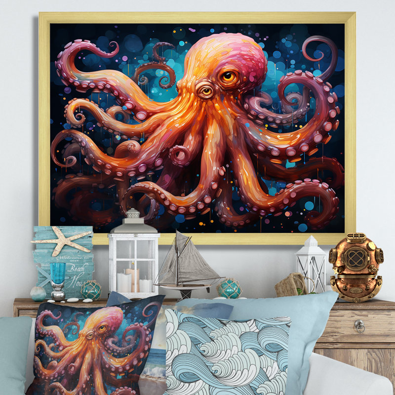 Octopus Expressionist Abyss II sur toile, H 12 po x l 20 po x P 1 po, Cadre doré simple