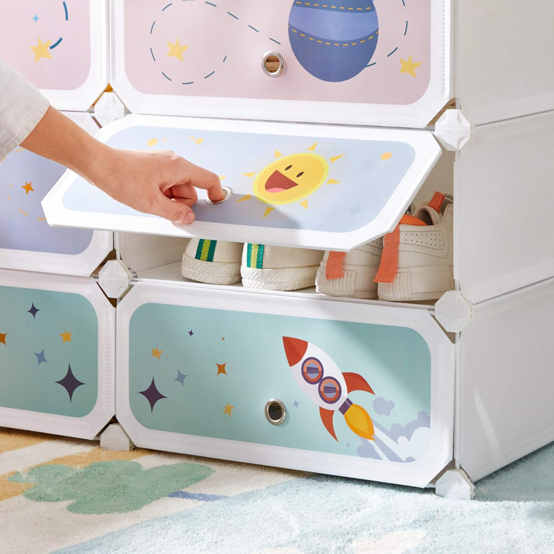Kids' Shoe Rack With Doors, 6-Slot Stackable Storage Organizer For Shoes, Toys, Books, And Clothes, Space-Themed Design, Durable Plastic Construction, Easy Assembly