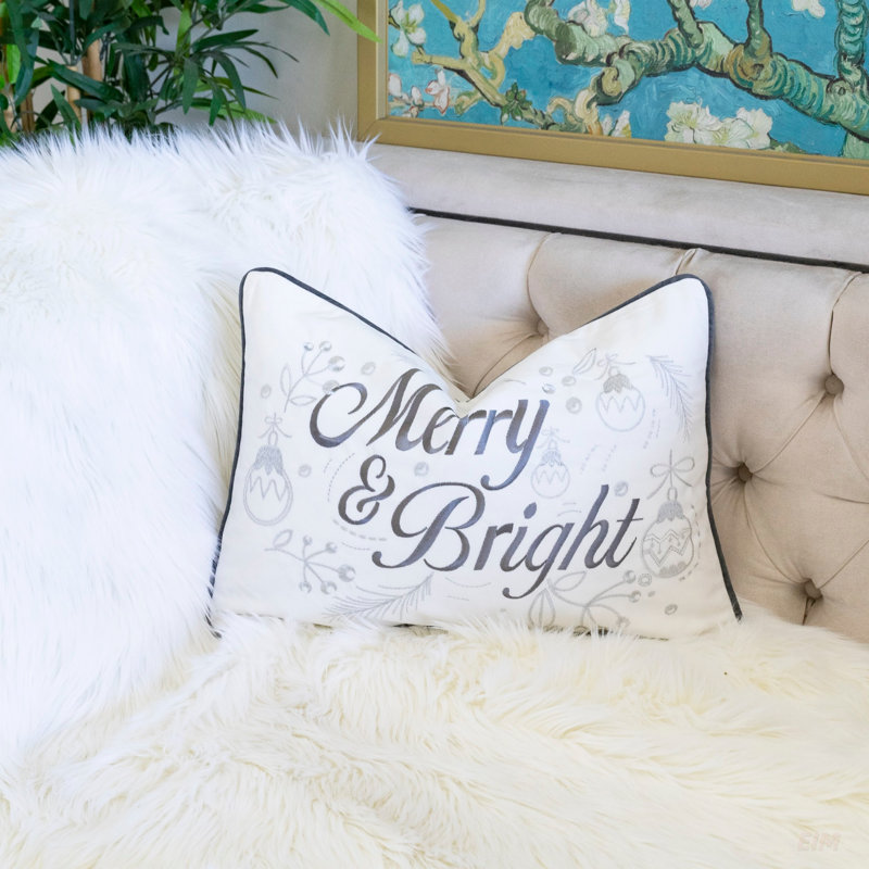 Coussin Merry & Bright Christmas - Coussin lombaire en velours doux avec une élégante broderie argentée pour un décor des Fêtes
