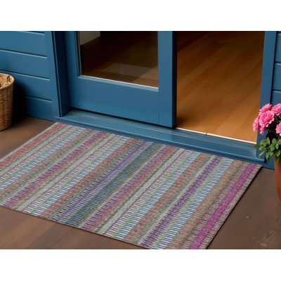 Tapis extérieur lavable rayé mauve et bleu 3 pi x 5 pi taupe
