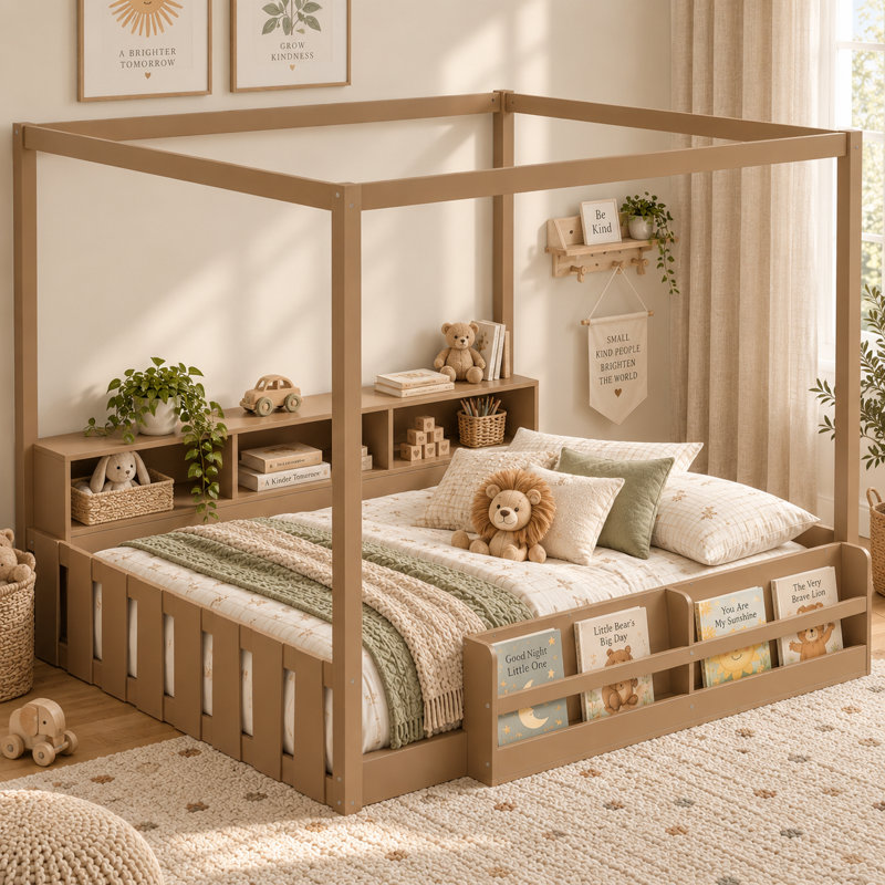 Lit de sol Montessori Arborin en bois massif avec bibliothèque, étagères de rangement et cadre de baldaquin, Lit double