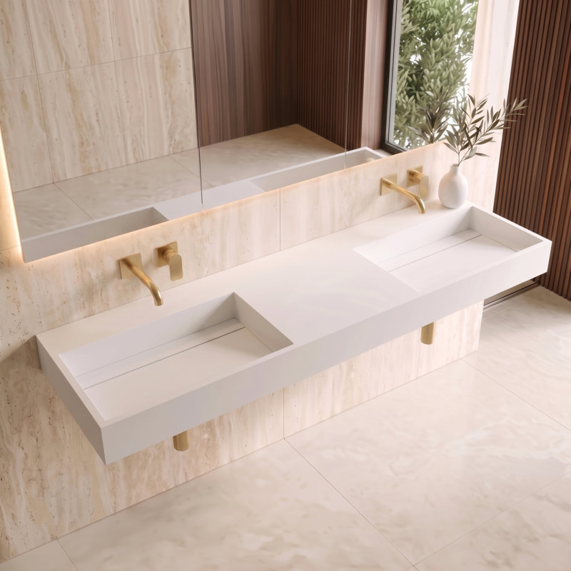 Lavabo de salle de bain mural à surface flottante avec drain dissimulé 72 po Juniper - blanc, sans trous de robinet, Blanc