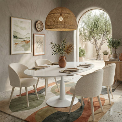 59" Oval Kitchen & Dining Table Set For 4 With Upholstered Arm Chairs And Pedestal Base
