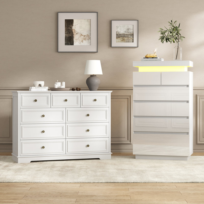 Ensemble de rangement vintage 2 pièces pour chambre à coucher avec commode haute à 6 tiroirs et commode à 9 tiroirs à éclairage DEL