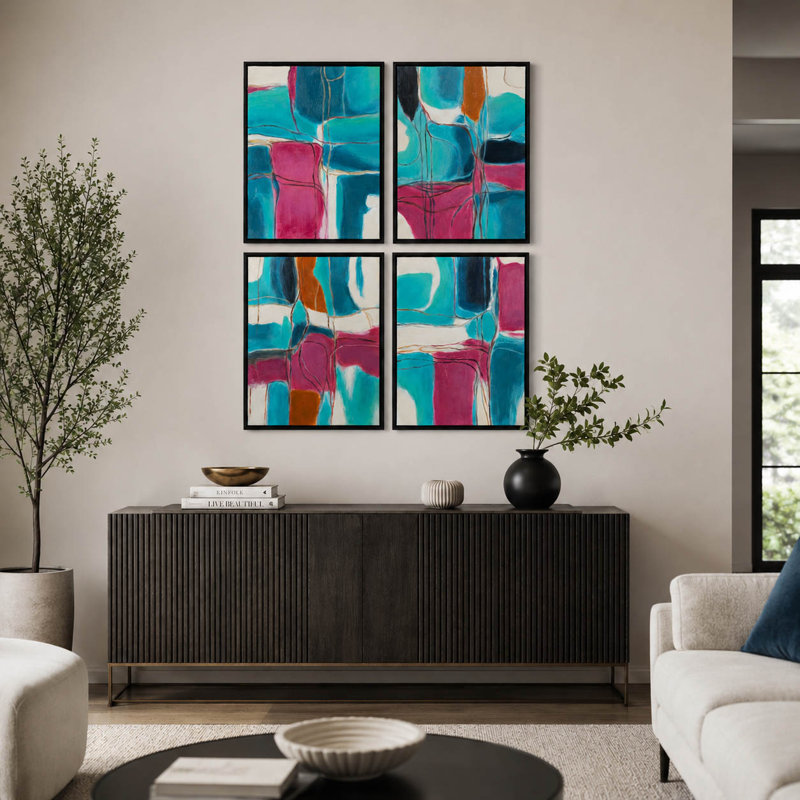 Abstract Colorful Canvas Wall Art for Home Office - Modern Decor Print Artwork and Shadow Box for Living Room Decor - Set of 4, 24", Blue & Pink