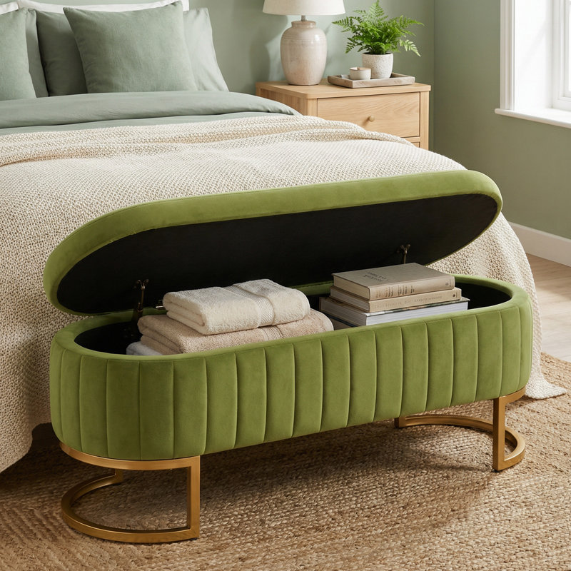 Banc de rangement 51 po avec pieds dorés, banc de fin de lit en velours pour le salon, fenêtre, entrée