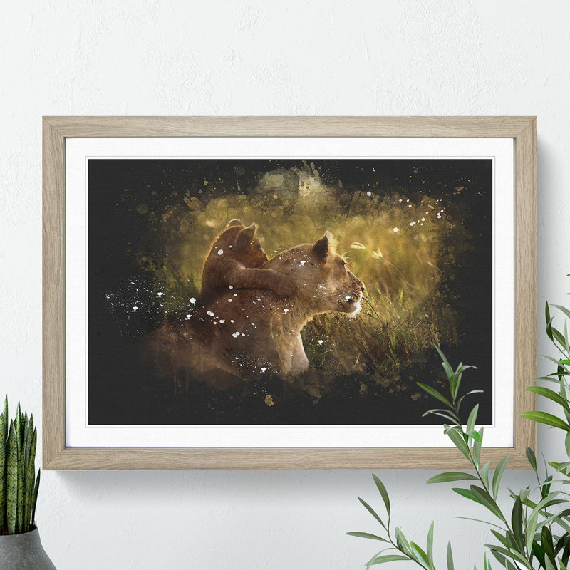 Lioness with Lion Cub - Framed Print, 36cm H x 48cm W x 2cm D, Oak Framed