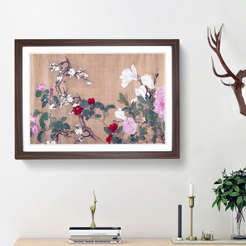 One Hundred Flowers Vol.1 by Yun Shouping - Picture Frame Painting Print on MDF, 27cm H x 36cm W x 2cm D, Walnut Framed