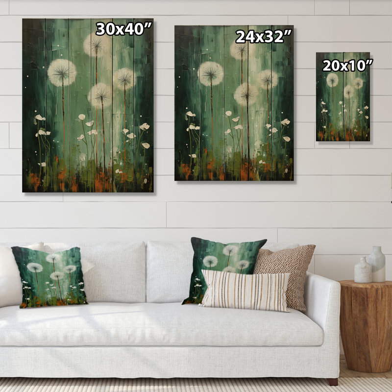 Collage de pissenlit vert III sur bois, H 32 po x l 24 po x P 0,78 po