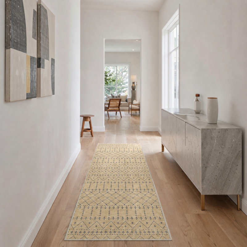 Tapis de couloir géométrique brun clair / noir lavable à la machine avec envers antidérapant, Tapis de couloir 2 pi x 6 pi