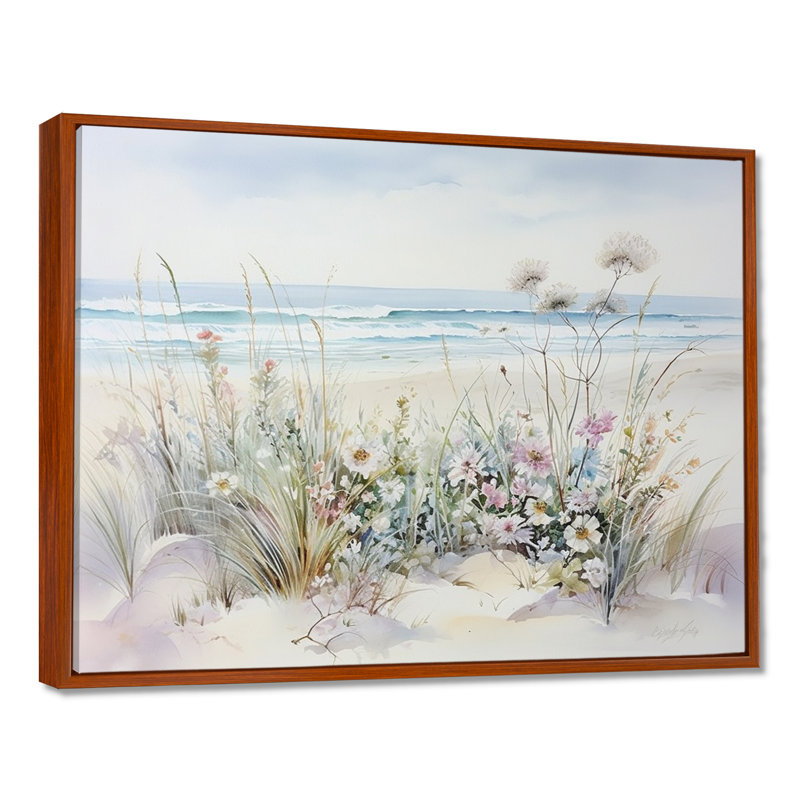 Fleurs sauvages sur la plage - Art mural fleurs sauvages, H 24 po x l 32 po, Reproduction avec cadre flottant, Brun