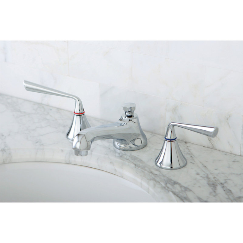 Kingston Brass Two-Handle 3-Hole Deck Mount Widespread Bathroom Faucet with Brass Pop-Up Drain, Polished Chrome