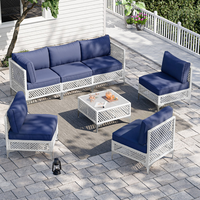 6 - Person Premium Patio Wicker Sectional Seating Group with Cushions, Blue