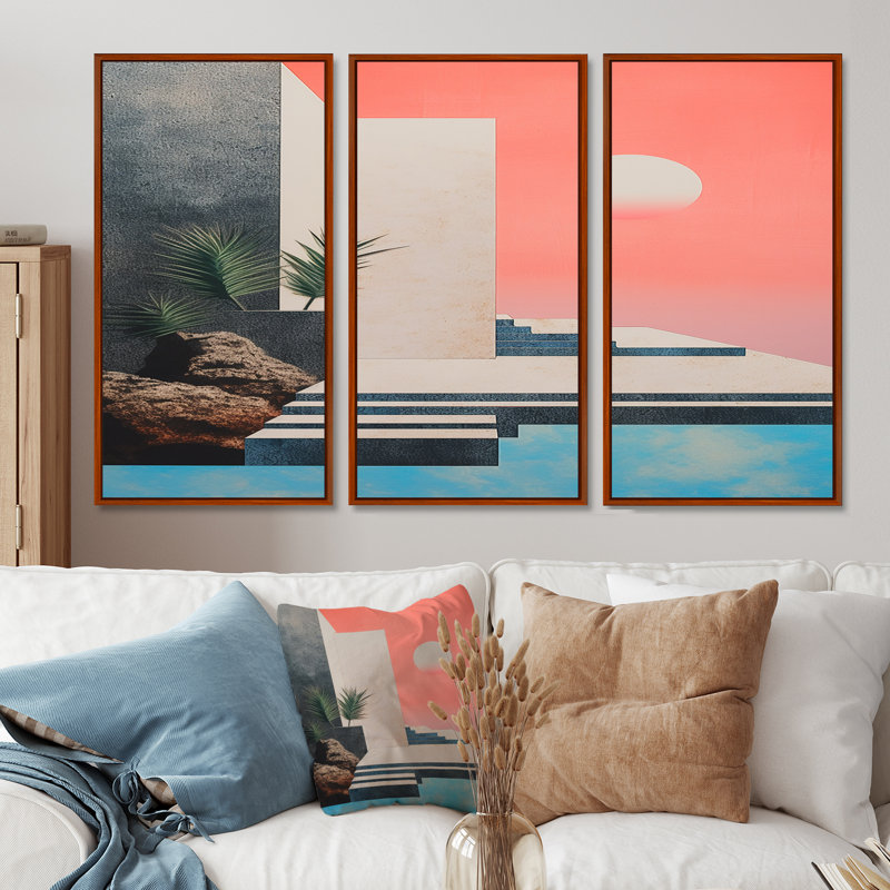 Katherina - ensemble d'art mural abstrait paysage, H 40 po x l 60 po x P 1 po, Cadre flottant brun
