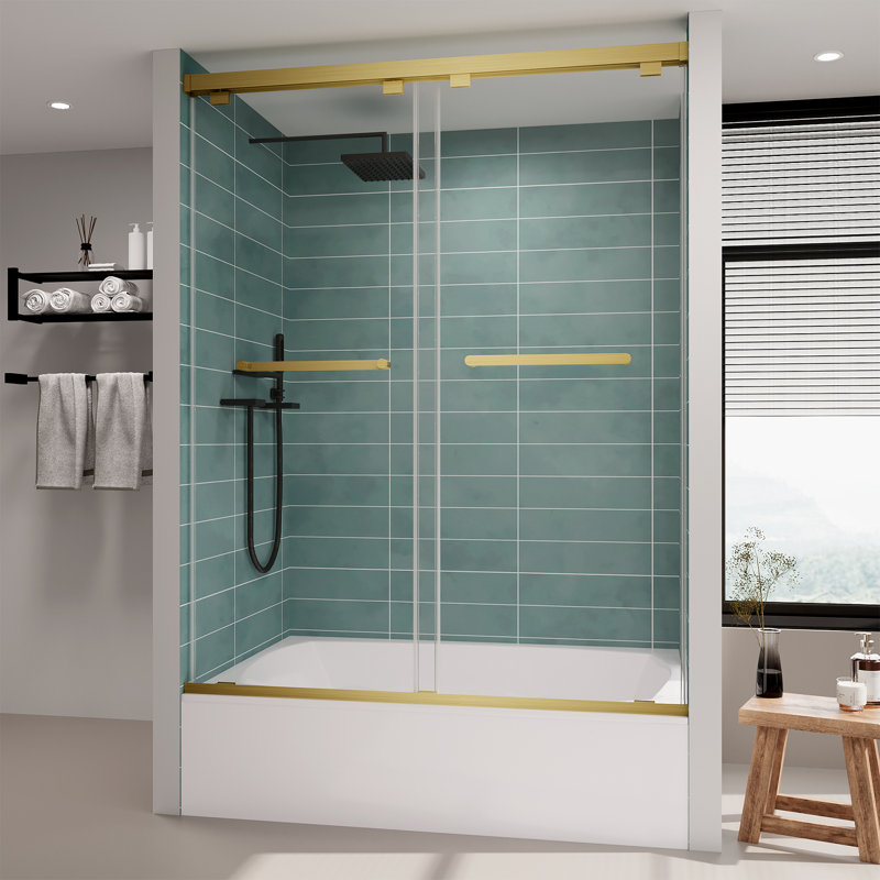 Portes de douche sans cadre pour porte de baignoire coulissante avec porte trempée 56-60 x 60 H ROOMTE, Doré