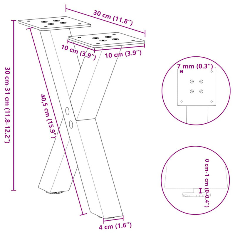 Dining Table Legs X-Shaped, 31cm H x 30cm W, Black