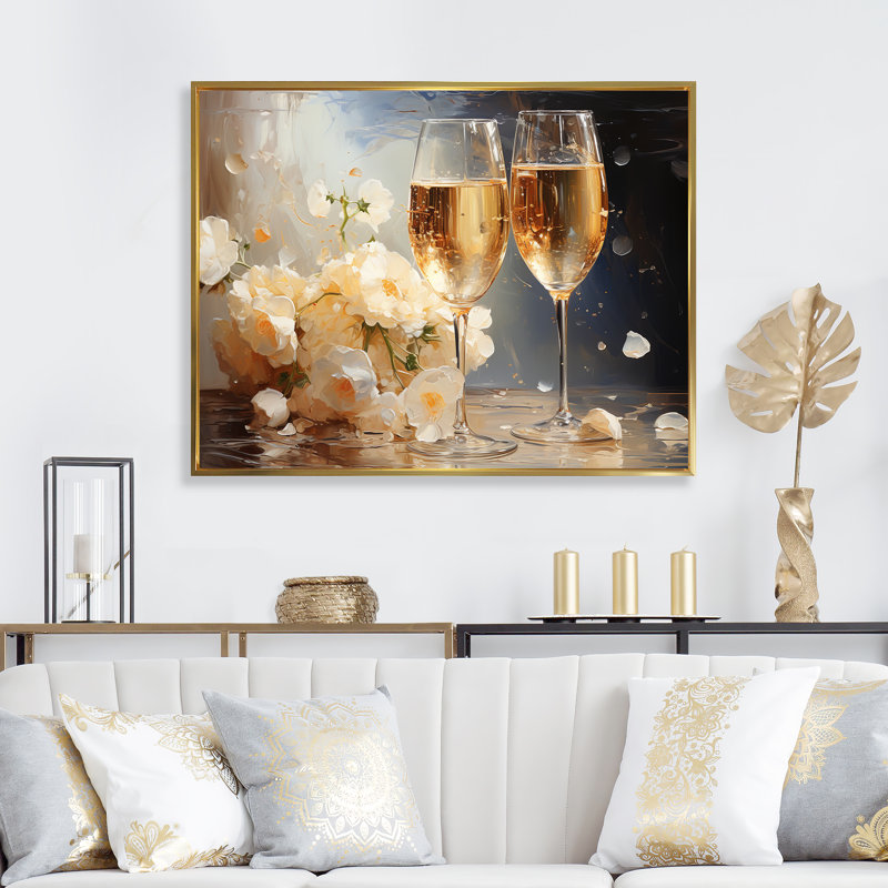 Bulles de fleurs dorées et blanches - Champagne, art mural, Cadre flottant doré, H 30 po x l 40 po x P 1,5 po