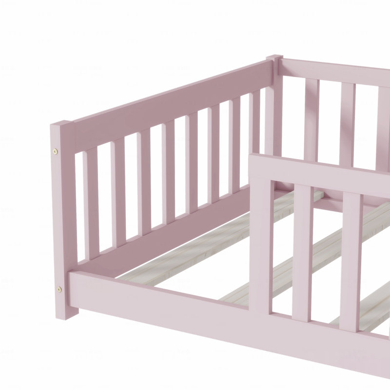 Twin Size Floor Bed Frame With Fence Without Door, Rubber Wooden Frame Material Floor Bed Frame With Safety Guardrails, Pink