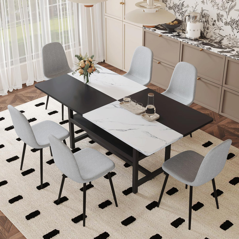 Ensemble de table de salle à manger rectangulaire pour 6 personnes, ensemble de table de salle à manger de style campagnard de 71 po avec 6 chaises rembourrées et tablette de rangement, plateau de table en grain de marbre avec structure en métal, fendu noir / blanc