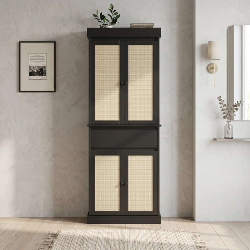 35.4"H x 16.5"W x 9.4"D Tall Rattan Storage Cabinet with Doors, Engineered Wood and Iron Entryway Cabinet for Hallway Living Room, Pure Matte Black