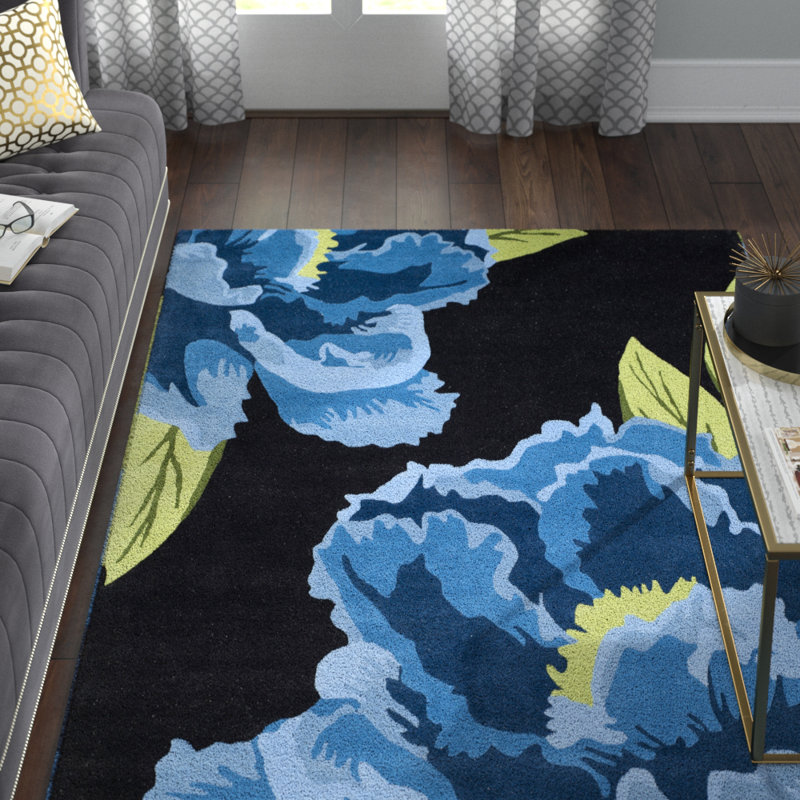 Electra Hand-Tufted Wool Black/Blue Area Rug, Rectangle 5' x 8'