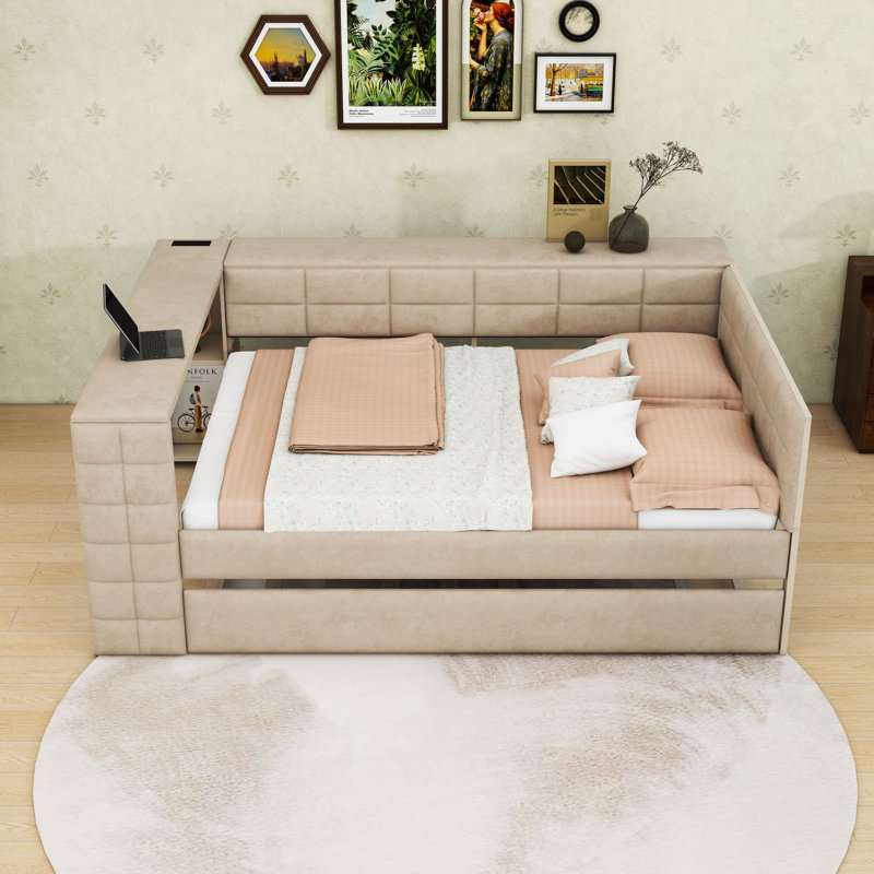 Full Upholstered Daybed with Twin Trundle, Charging Station and Storage Shelves, Beige